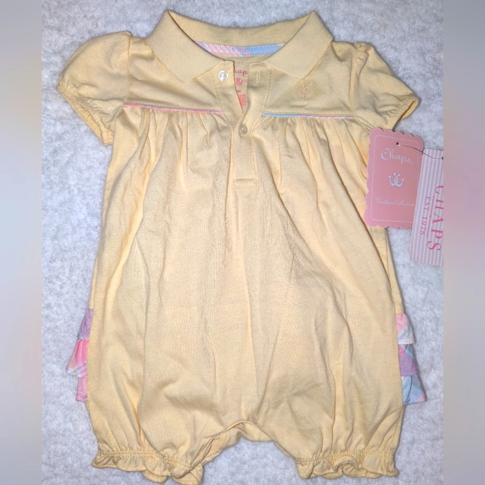 🆕 Chaps Light Yellow Cotton Baby Romper Outfit W/ Pastel Plaid Ruffles 6 Months
